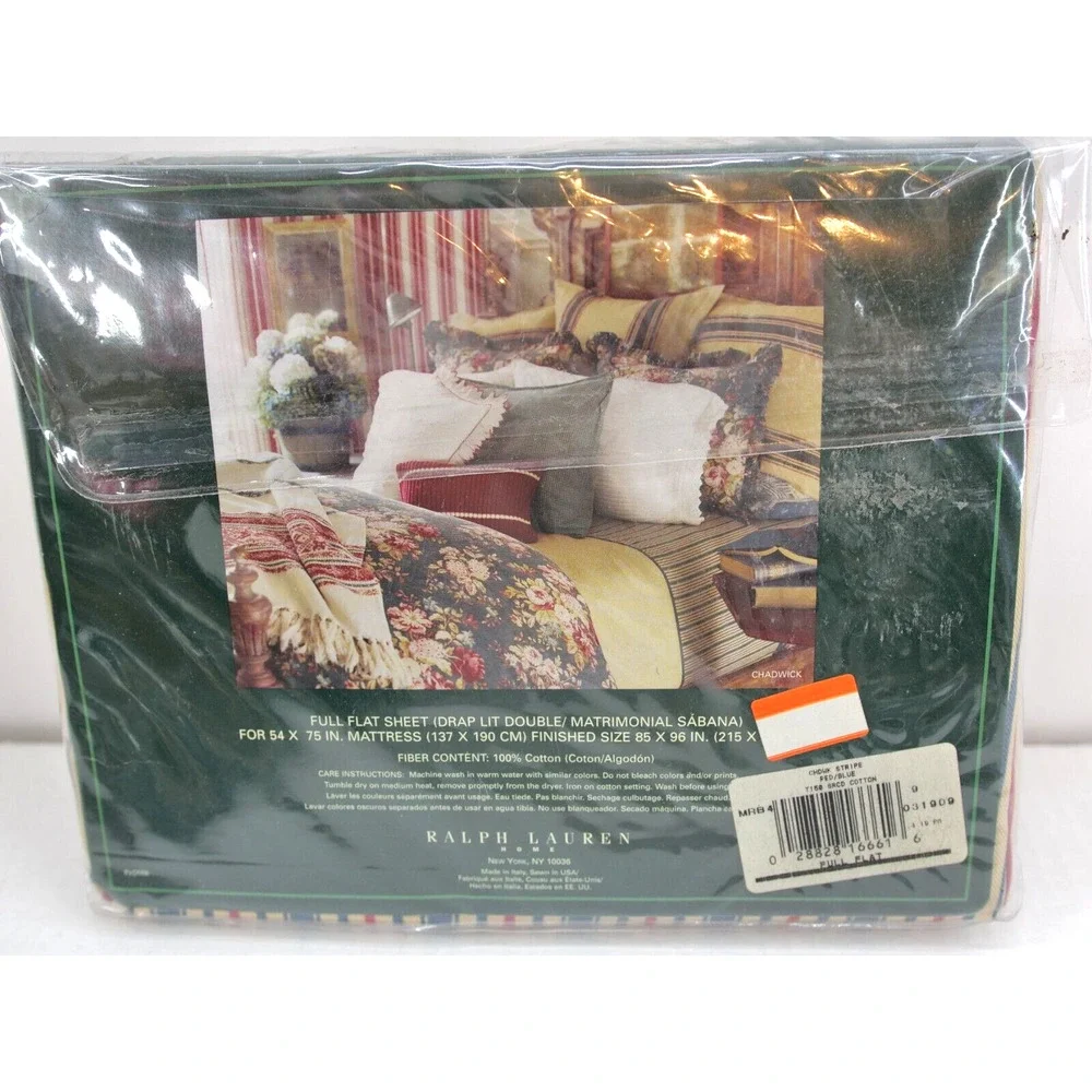 Ralph Lauren CHADWICK Striped OCEAN WASH Full Flat Sheet & 2 Pillowcases Vintage